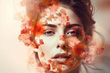 Abstract contemporary art collage portrait of young woman with flowers, retro colors. Generative ai