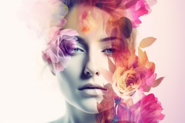Obraz na płótnie Canvas Abstract contemporary art collage portrait of young woman with flowers, retro colors. Generative ai
