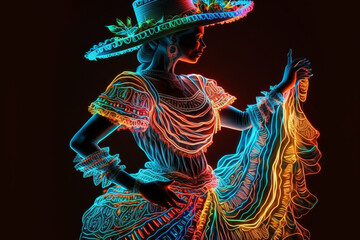 Obraz premium Fabulous Cinco de Mayo female dancer in neon light. Beautiful female model in traditional costume and sombrero dancing.Generative AI