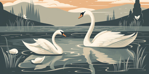 A pair of swans swim in a pond, with male in front and female behind with their cygnets in a line. Lily pads and water are in background. Generative AI.
