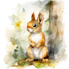 baby rabbit in the forest watercolor paint created with Generative AI technology