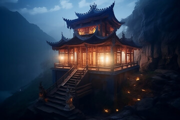 ethereal fantasy mountain landscape with ancient chinese house
