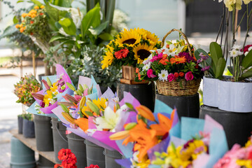 Floral arrangements for sale in a Mexico City market