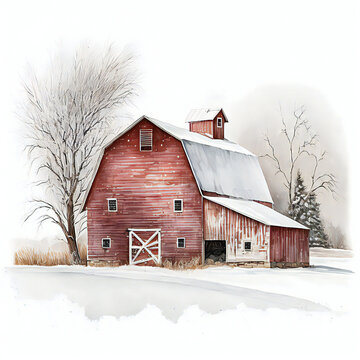 farmer warehoue at winter watercolor paint created with Generative AI technology