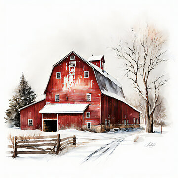 farmer warehoue at winter watercolor paint created with Generative AI technology