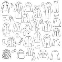 Set of winter and autumn clothes and shoes. Doodle coat, jumper, hat and down jacket. Outline illustrations