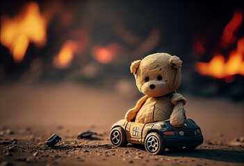 Toy bear sits background burning car accident. Concept terrorist attack, war bomb, children died. Generation AI. Generative AI