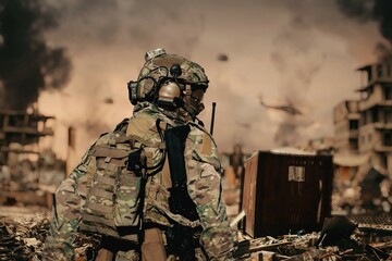 Military forces & helicopters between smoke and dust at destroyed city.	
