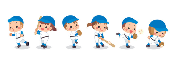 野球をする可愛い子供たちのイラスト　セット　バリエーション　白背景　ベクター　全身　人物
