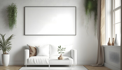 Modern living room with counter, with empty canvas or wall decor with frame in center for product presentation background or wall decor promotion, Generative AI