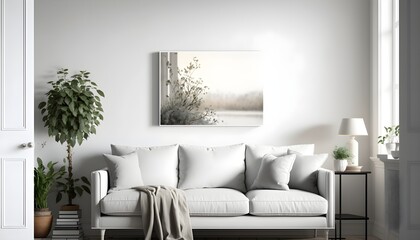 Modern living room with counter, with empty canvas or wall decor with frame in center for product presentation background or wall decor promotion, Generative AI