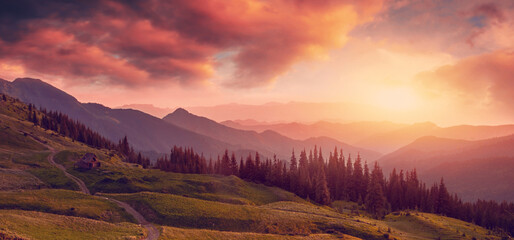 scenic summer landscape, wonderful sunset in european mountains	