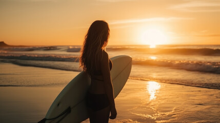 Fototapeta na wymiar Beautiful surfer girl on the beach at sunset. Generative AI
