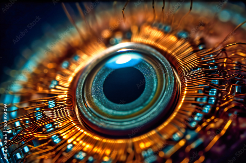 Aufkleber detailed view of an eye with embedded microtechnology, capturing a rotating perspective