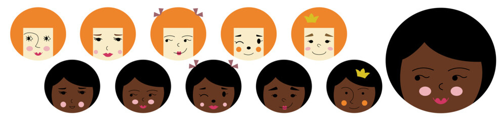 Feminine look, abstract personage, mascot design, funny face, cute icon.