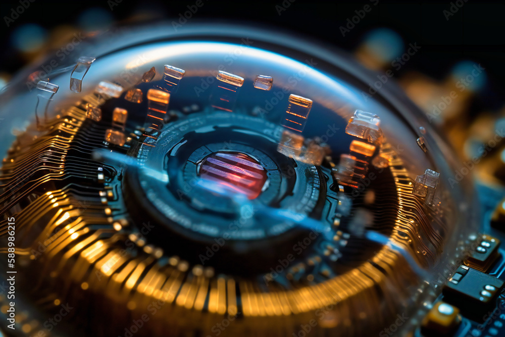 Aufkleber detailed view of an eye with embedded microtechnology, capturing a rotating perspective