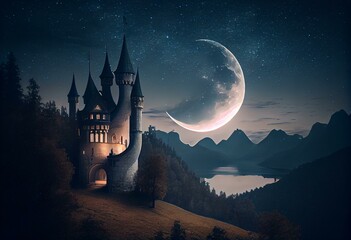 Magic castle against backdrop of a large crescent moon in night sky. Fairytale dreamlike castle, magical and mystical medieval kingdom. Post-processed generative AI - obrazy, fototapety, plakaty