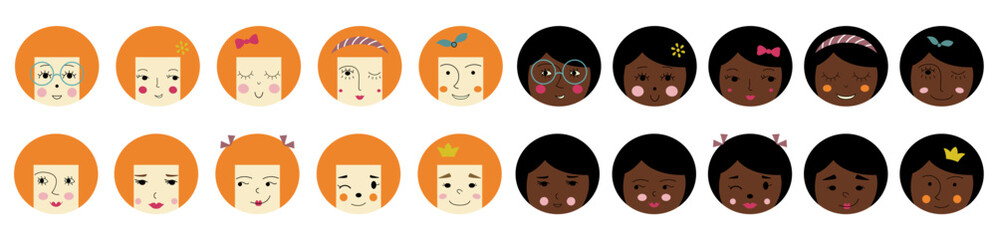 Feminine look, abstract personage, mascot design, funny face, cute icon.