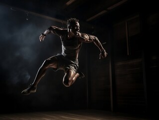 Man doing box jump in dark studio