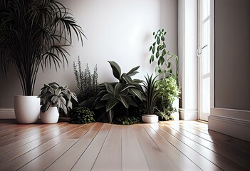 Plants on a wooden floor in empty white room. Generative AI