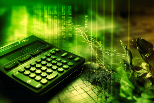Double exposure of pen, calculator, and stock graph with a transitioning green background