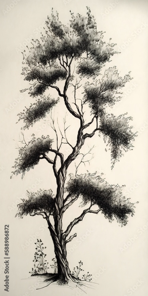Poster tree branch drawing on paper generative ai