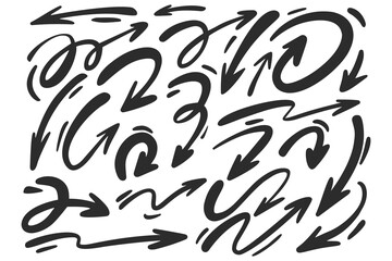 Doodle arrows set. Hand drown lines and curve scribbles. Vector scetch of abstract pointer in different shapes isolated on white background