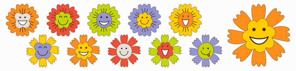 Smiling flower, abstract personage, mascot design, funny face, cute icon.