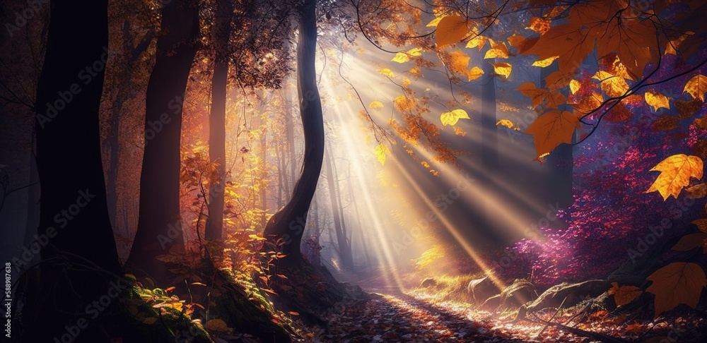 Poster sunlight filtering through vibrant fall foliage in a wooded area generative ai
