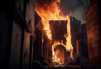 by an attack the city wall burns, middle ages. Generative AI