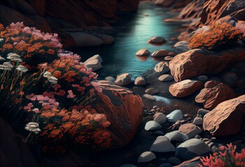 a painting of a river with flowers and rocks, generative AI