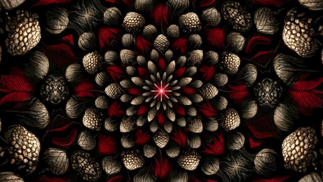 Fractal red leaf with conifer cone pattern texture background loop
