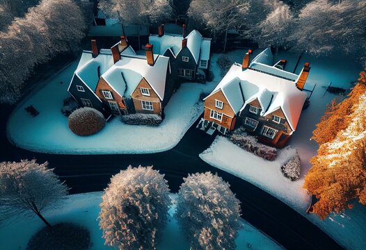 Aerial Houses Residential British England Drone Above View Summer Blue Sky Estate Agent. Snow, winter weather. Generative AI