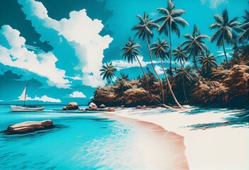 Obraz na płótnie Canvas Tropical beach with blue sky and white clouds painting. Summer holiday and travel vacation concept. Generative AI