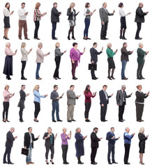 Fototapeta premium group of people profile holding phone in hand isolated