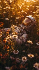 Fototapeta premium Astronaut sleeping in a flower field, made with generated ai