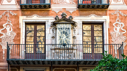 Architecture details with reflections at placa del Pi in Barcelona.