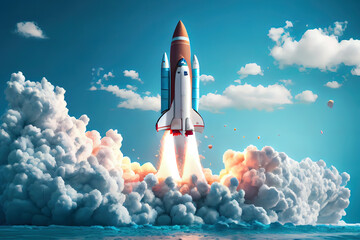 Wonderful Rocket launching on bay blue background, 3D rendering. Generative Ai