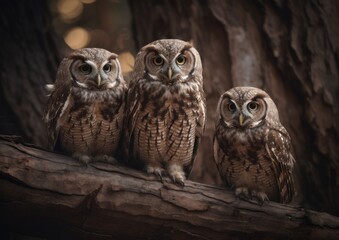 Owl family on a branch. Generative AI.