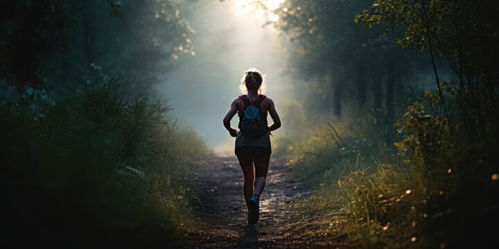 Lady trail runner running on forest path at dawn with abstract bokeh light. Generative AI