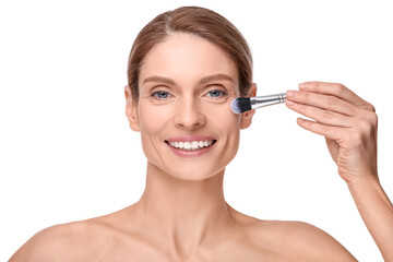 Woman with makeup brush on white background