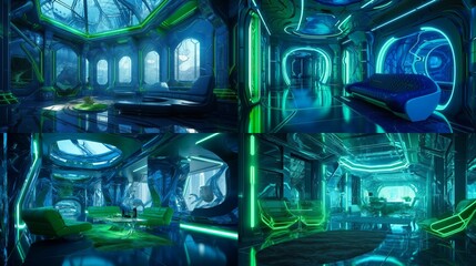 Futuristic Luxury: Lime Green meets Electric Blue in Award-Winning Interior Design with Stunning 8K Digital Art and Intricate Shiny Walls, Generative AI