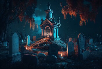Horror cemetery at night.Digital art. Generative AI