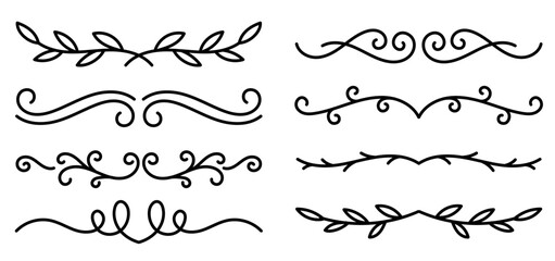 Kit of vignettes text delimiters. Ornaments calligraphic design elements. Editable outline stroke. Vector line.
