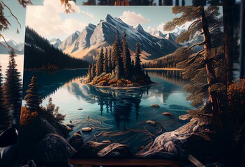 a painting of a lake surrounded by trees and rocks with a mountain in the background. generative ai