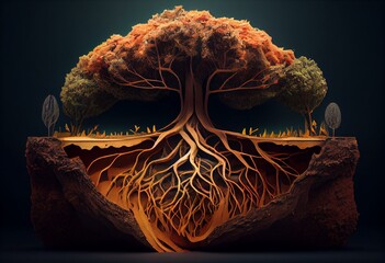 Tree roots underground structure, soil cross section. Generative AI illustration