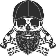 Skull with beard and mustache in gangster gatsby tweed hat flat cap with construction hammer service repair tool illustration