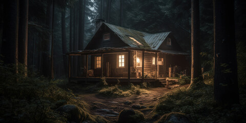 Forest cabin in the dark forest at night. Generative AI - obrazy, fototapety, plakaty