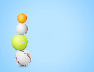Stack of different sport balls on light blue background, space for text