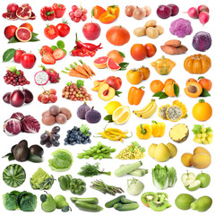 Assortment of fresh fruits and vegetables on white background, collage design